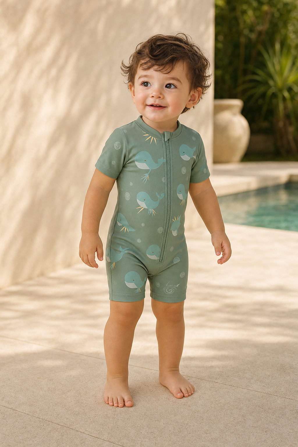Gentle Nest model hero — Happy Whales Short Sleeve Swimsuit, worn by Mateo (GN-T03)