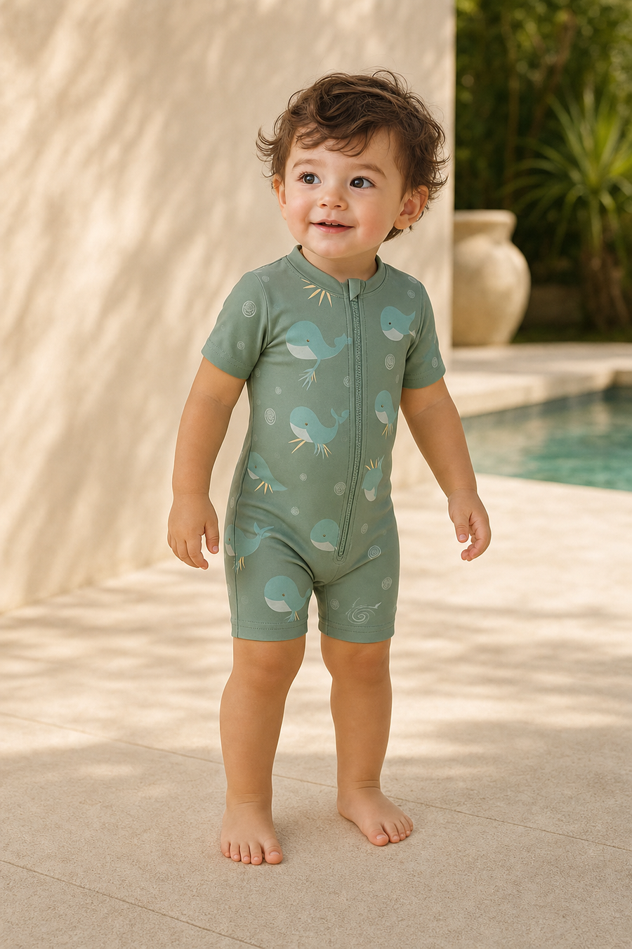 Gentle Nest model hero — Happy Whales Short Sleeve Swimsuit, worn by Mateo (GN-T03)
