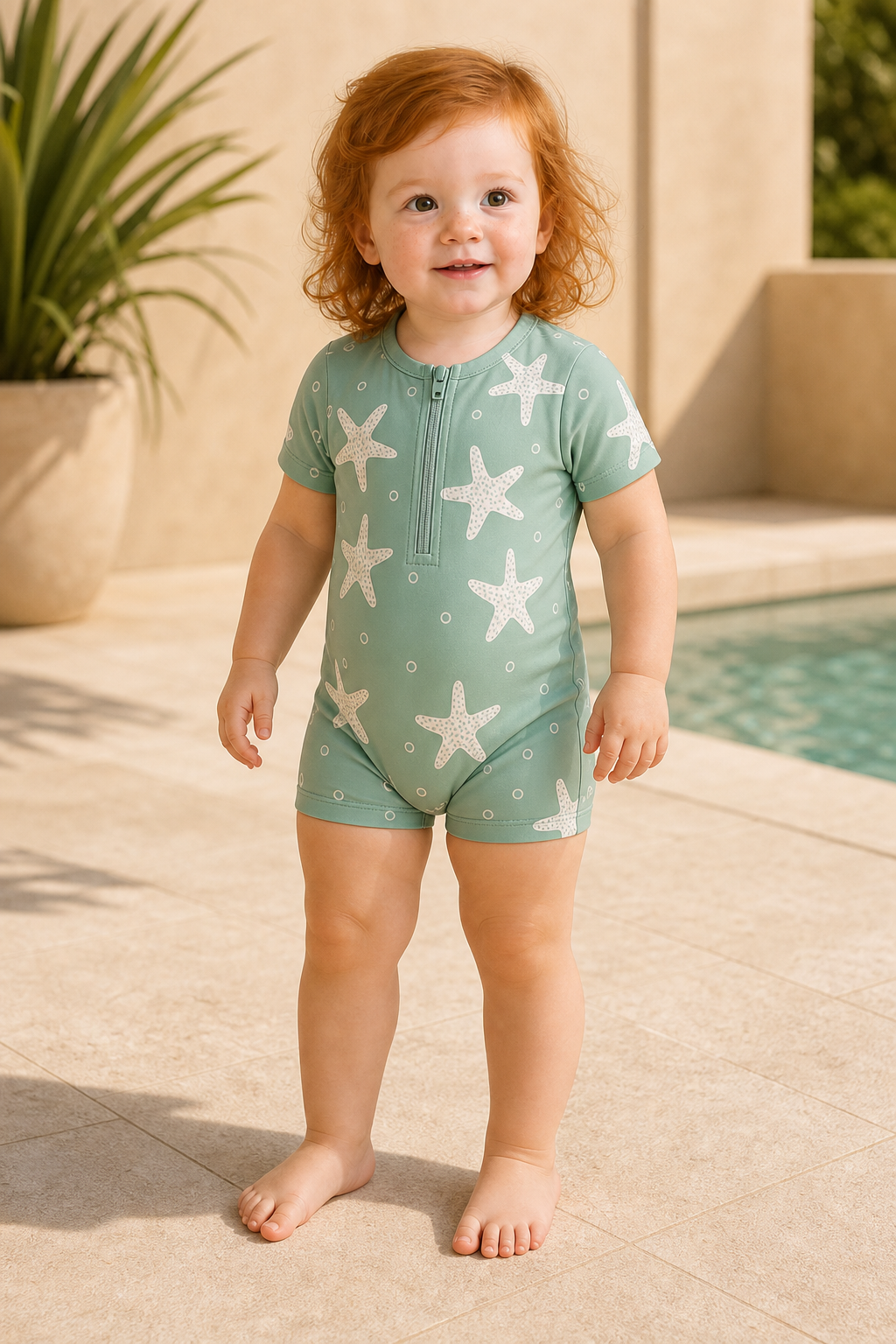 Gentle Nest model hero — Starfish Short Sleeve One-Piece Swimsuit, worn by Ruby (GN-T07)