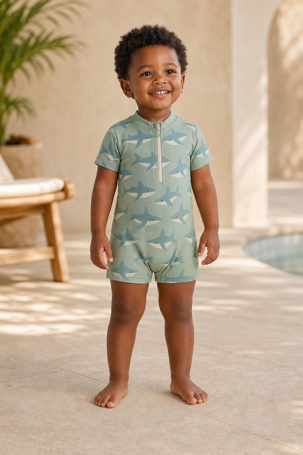 Gentle Nest model hero — Shark Short Sleeve One-Piece Swimsuit, worn by Malik (GN-T06)