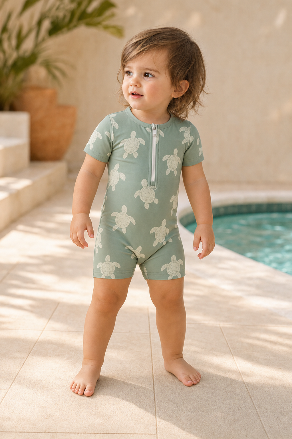Gentle Nest model hero — Sea Turtles Print Short Sleeve Swimsuit, worn by Mila (GN-T02)