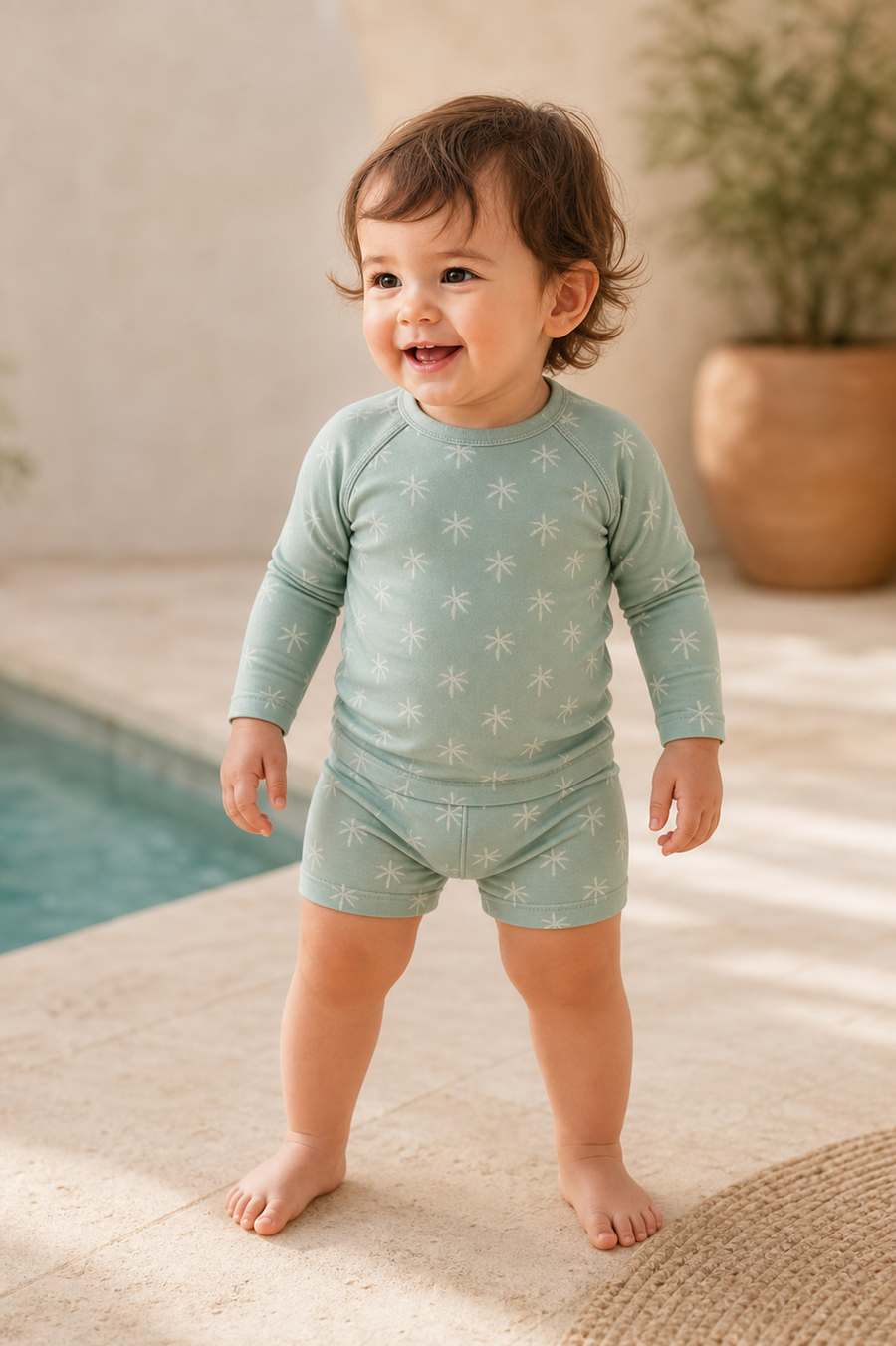 Gentle Nest model hero — Palm Green Long Sleeve Swim Set, worn by Sofia (GN-T04)