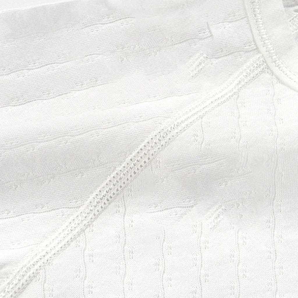 Close view of knit-look texture on bodysuit