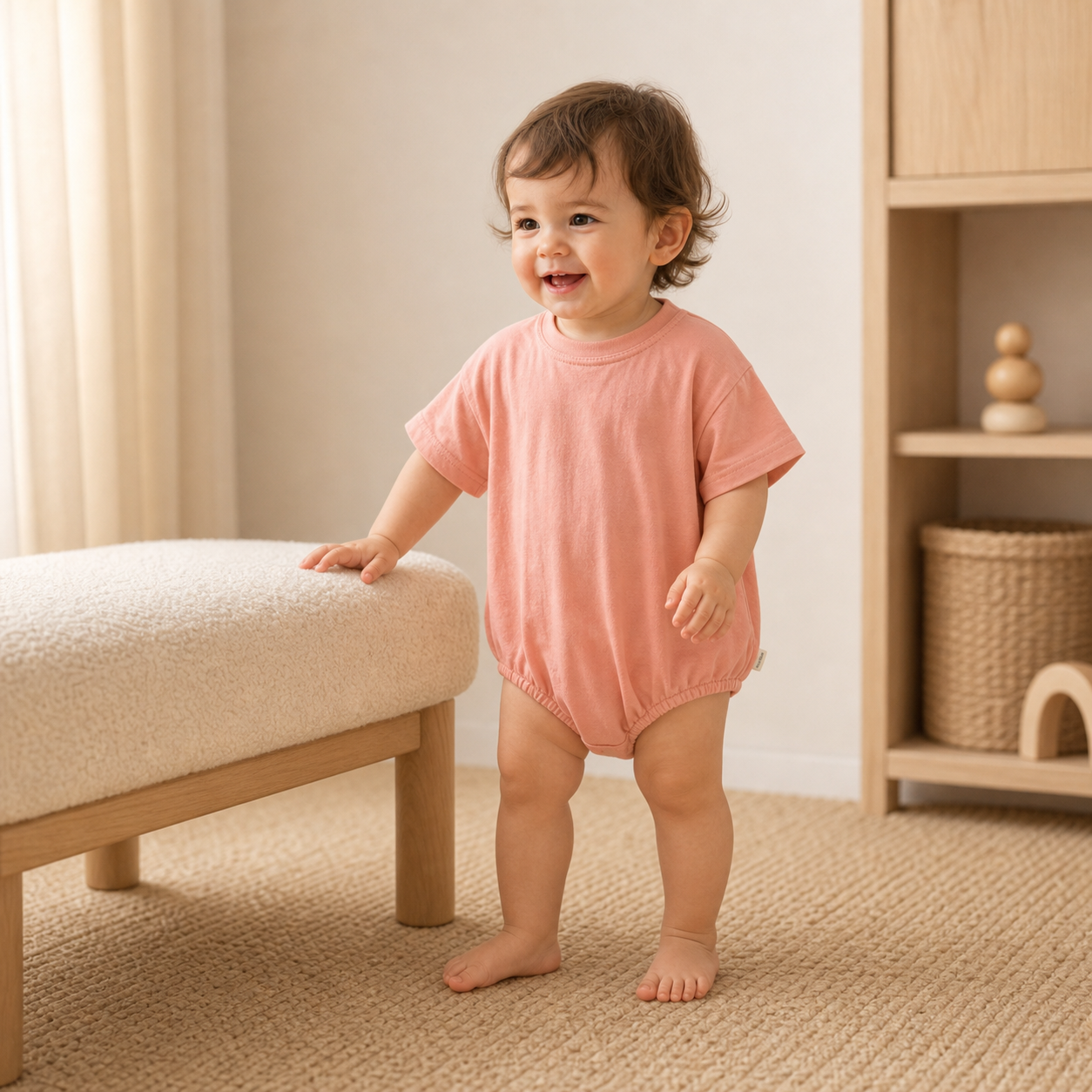 Gentle Nest model hero — Short Sleeve Bubble Romper, Orange, worn by Sofia (GN-T04)