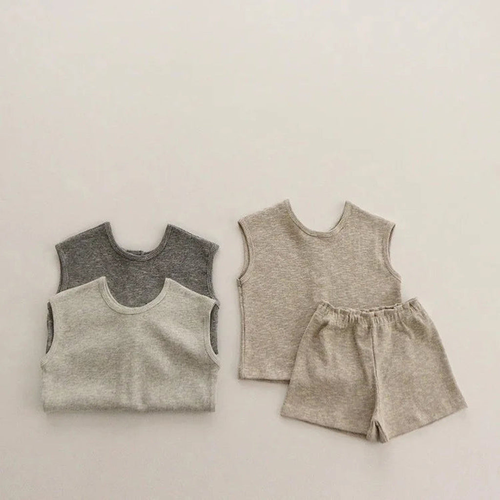 Neutral sleeveless outfit sets with matching bottoms