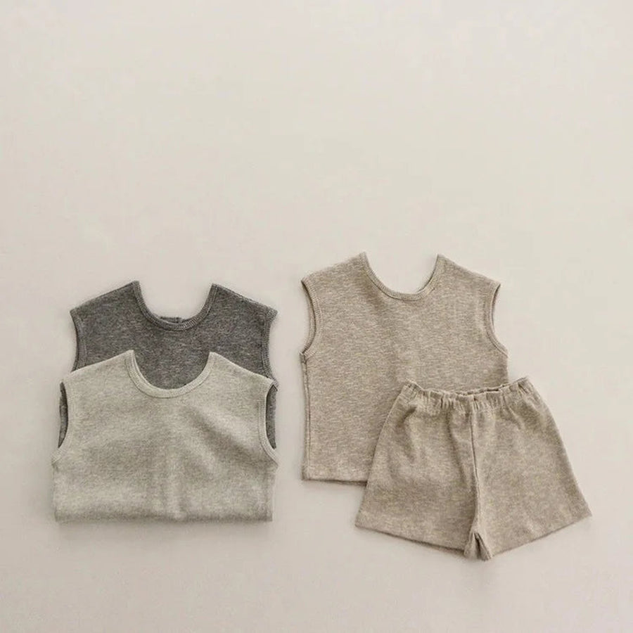 Neutral sleeveless outfit sets with matching bottoms