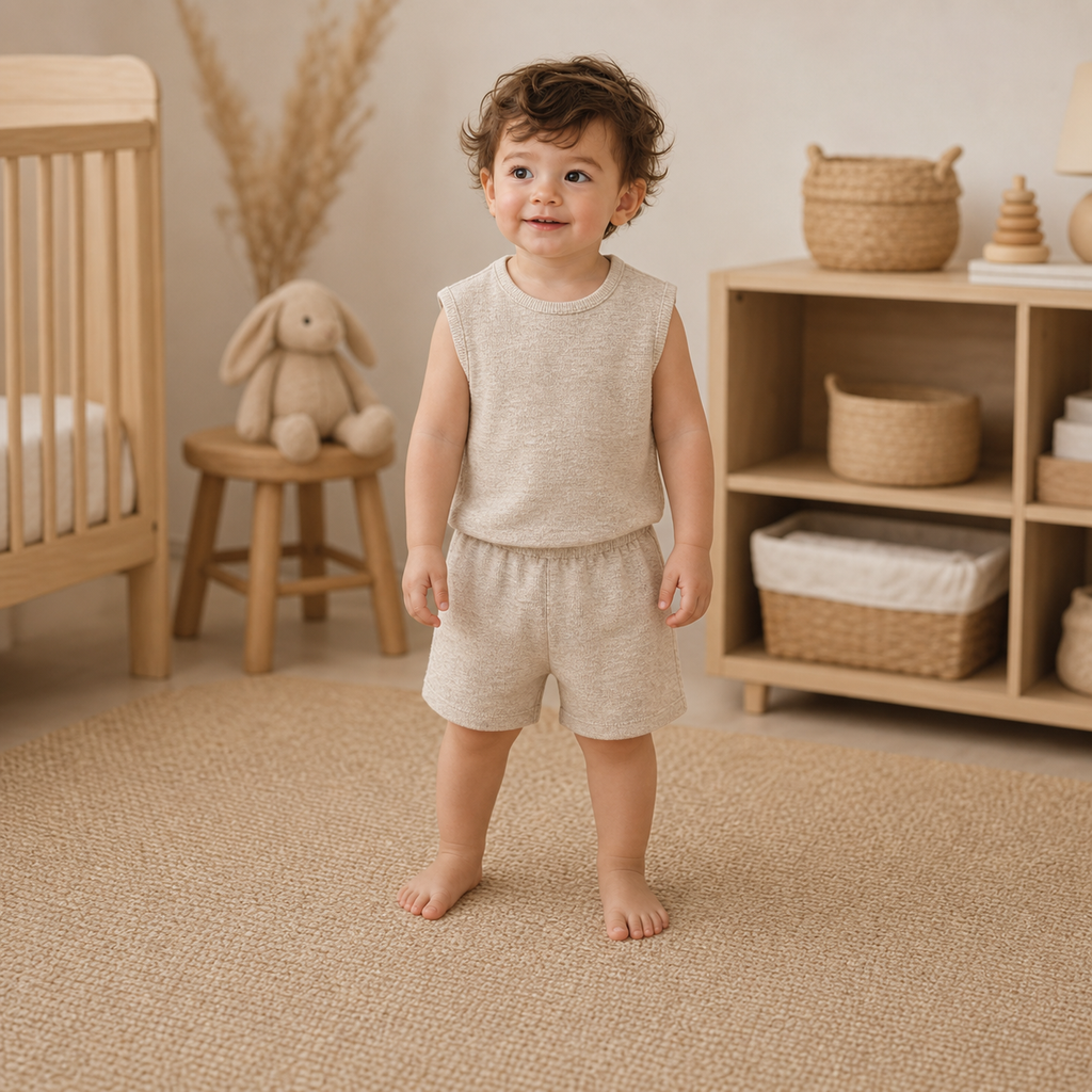 Gentle Nest model hero — Sleeveless Baby Outfit Set, Apricot Short Set, worn by Mateo (GN-T03)
