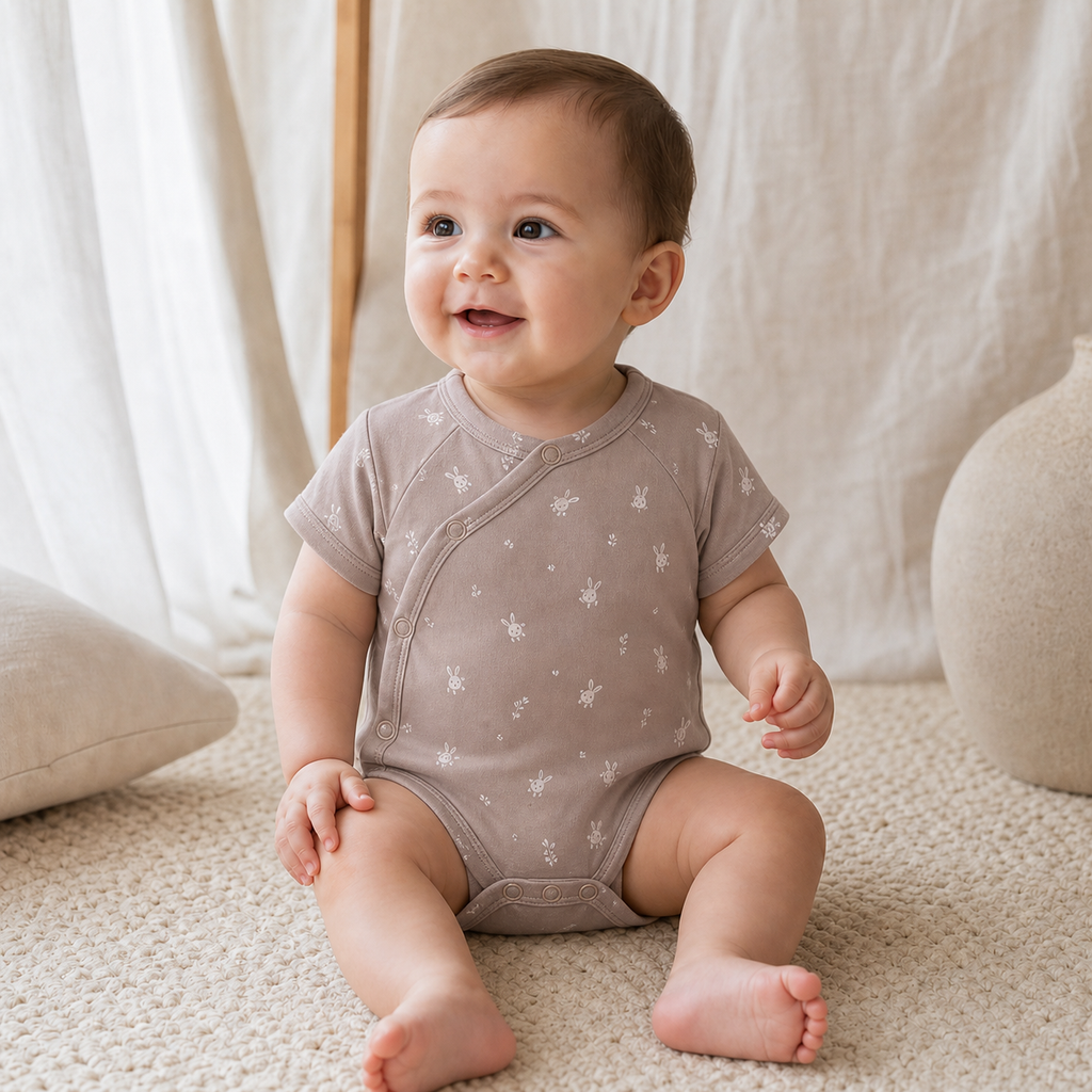 Gentle Nest model hero — Cozy Cotton Envelope Bodysuit, Rabbit, worn by Eli (GN-B02)
