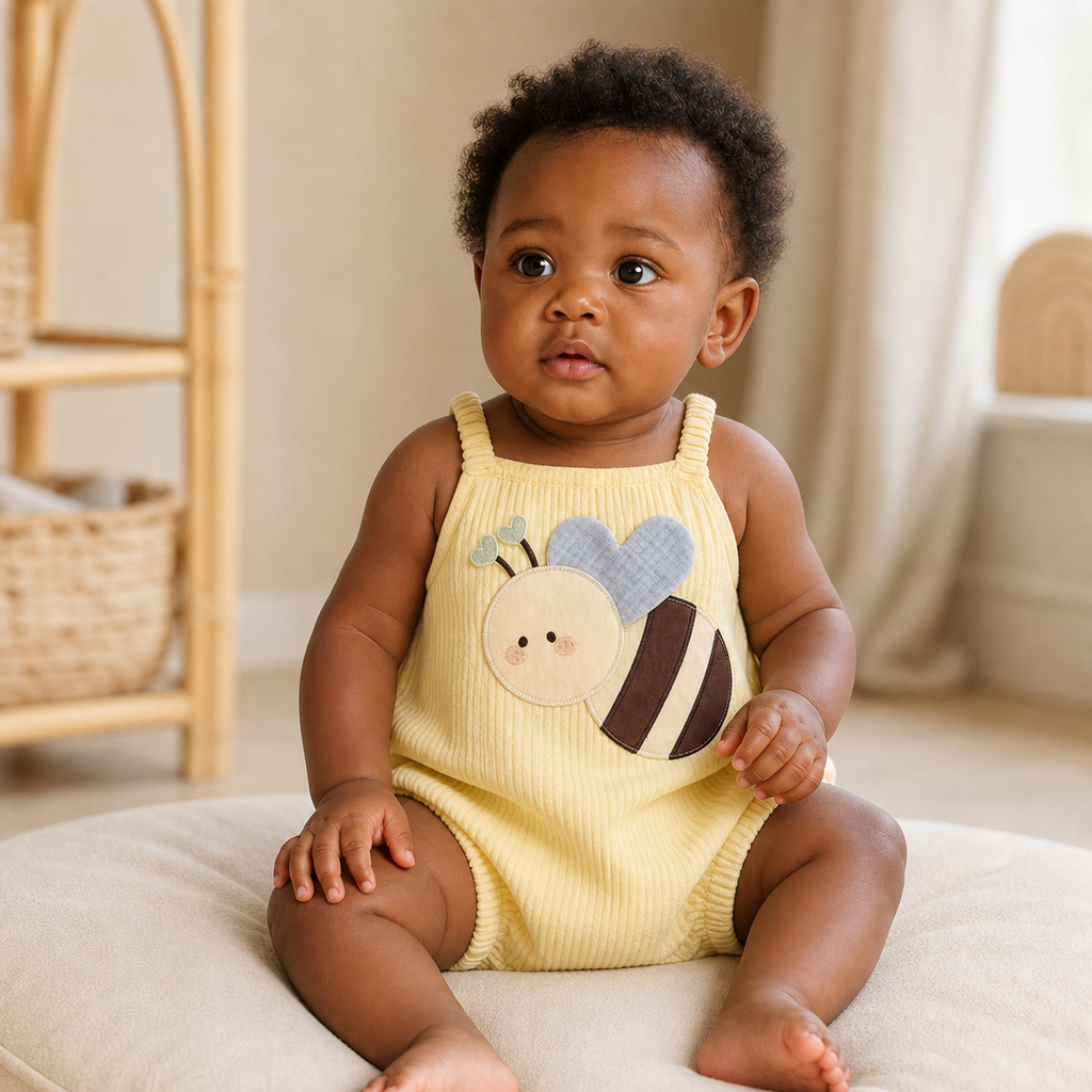 Gentle Nest model hero — Sweet Bee Cotton Romper, worn by Nia (GN-B03)