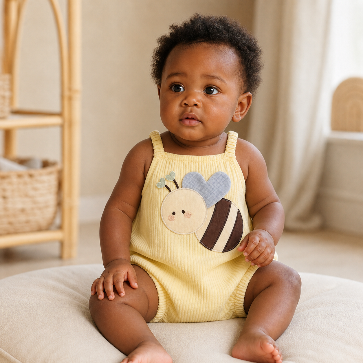 Gentle Nest model hero — Sweet Bee Cotton Romper, worn by Nia (GN-B03)