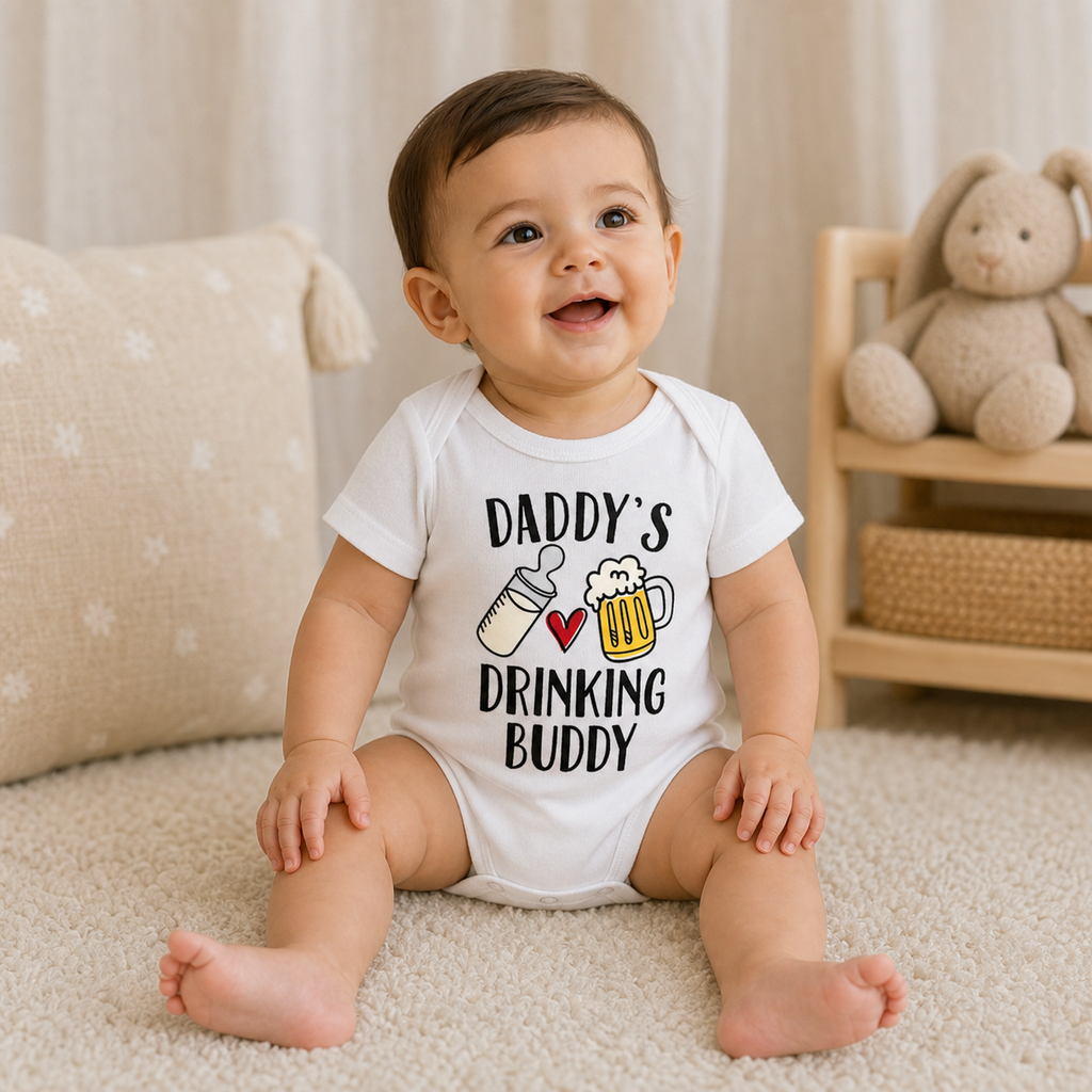 Gentle Nest model hero — Daddy's Buddy Print Romper, White, worn by Mira (GN-B01)