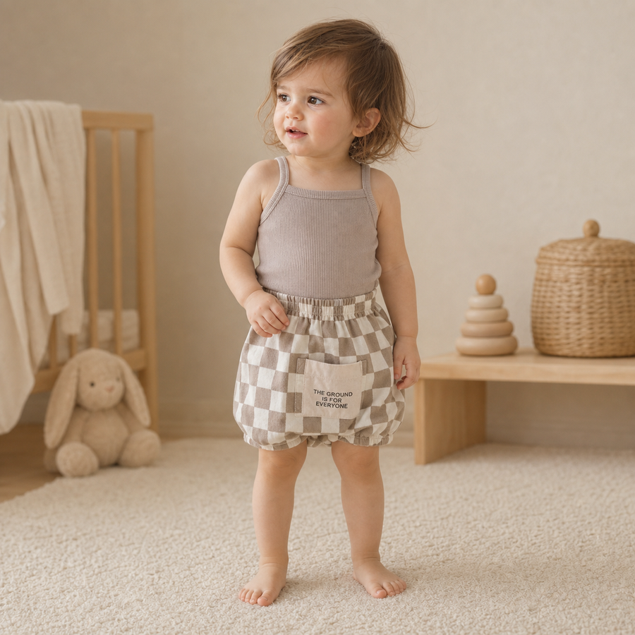 Gentle Nest model hero — Checkered Shorts and Camisole Set, Light Coffee, worn by Mila (GN-T02)