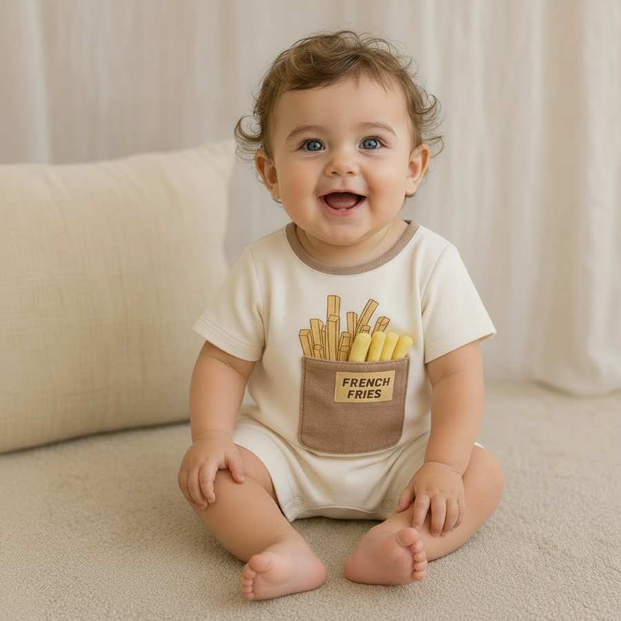 Gentle Nest model hero — I Love French Fries Parent-Child T-Shirt, Romper, worn by Mira (GN-B01)