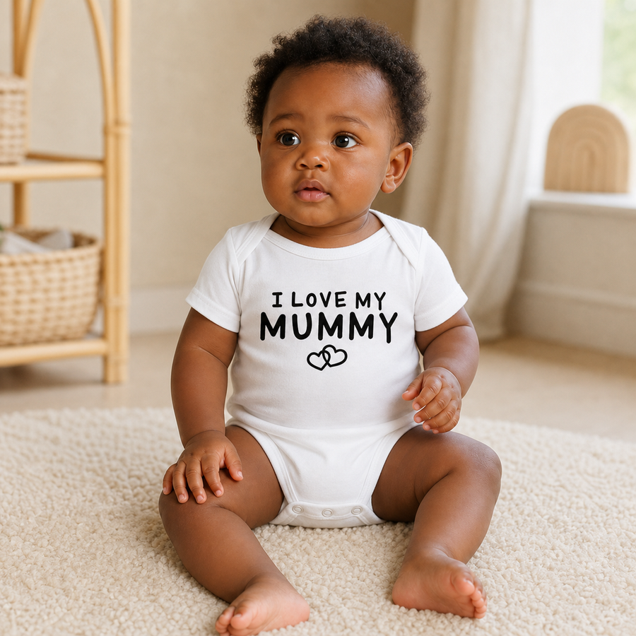 Gentle Nest model hero — I Love Daddy & Mummy Romper, White Mummy, worn by Nia (GN-B03)