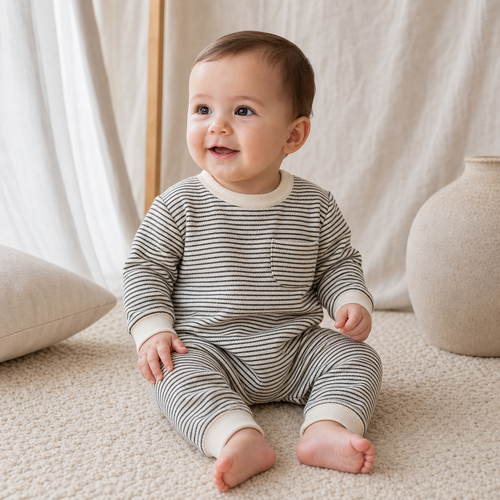 Gentle Nest model hero — Striped Long Sleeve Baby Romper, Black, worn by Eli (GN-B02)