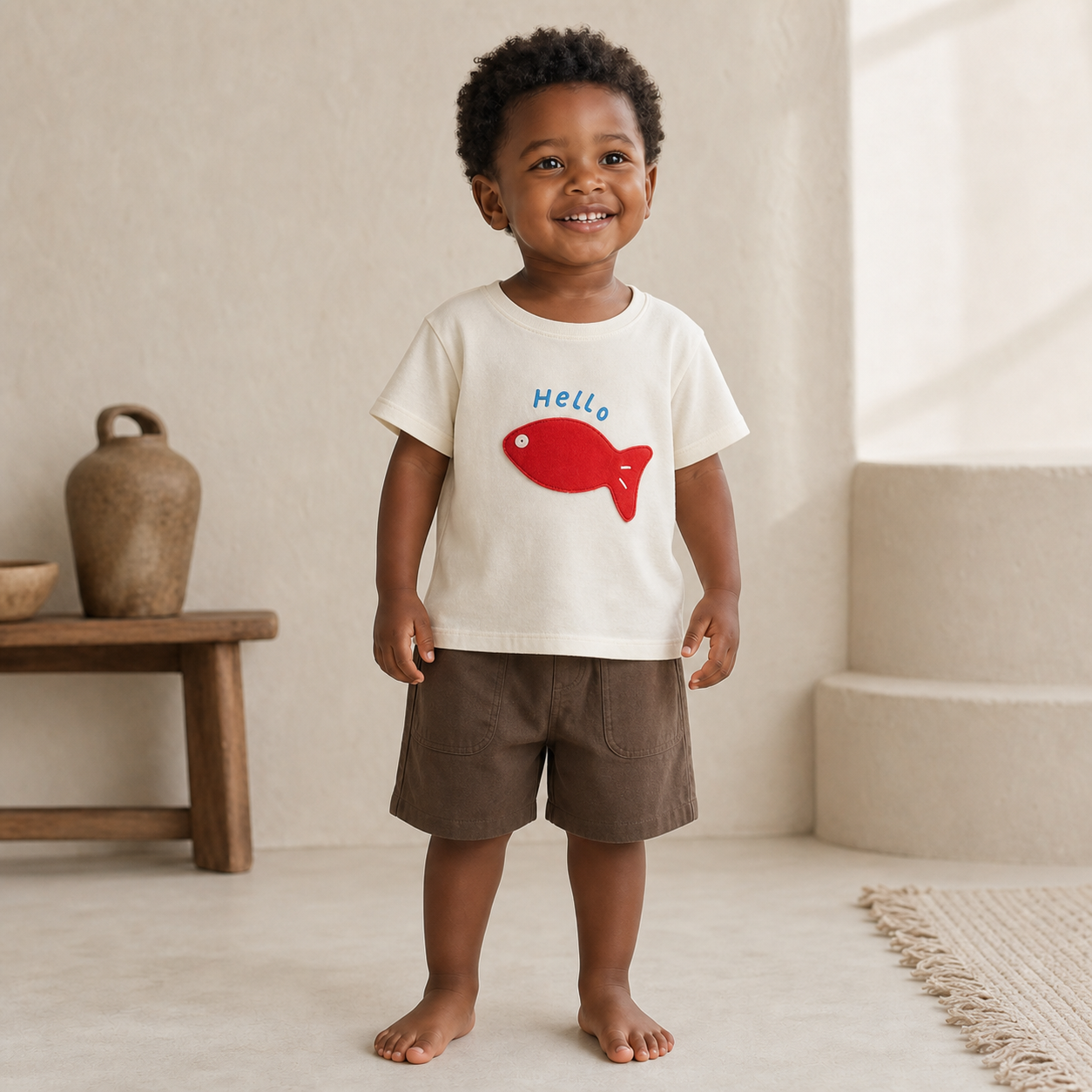 Gentle Nest model hero — Little Fish Patch Tee, Beige, worn by Malik (GN-T06)