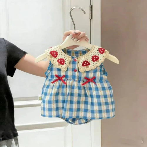 Blue checkered romper with mushroom collar