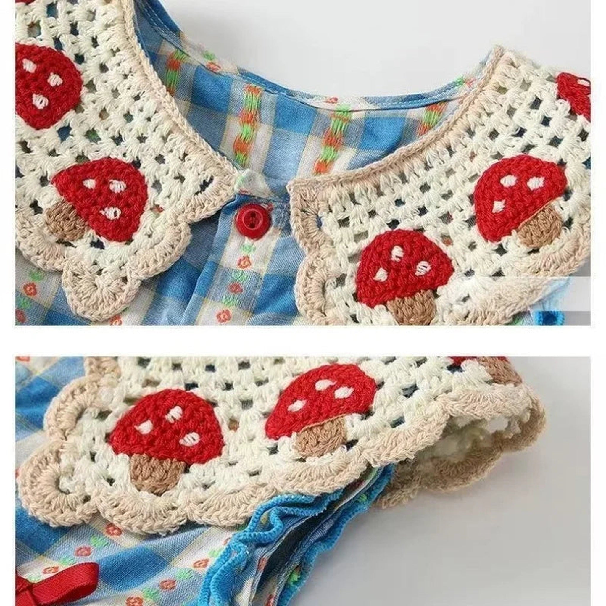Close view of mushroom collar on blue checkered romper