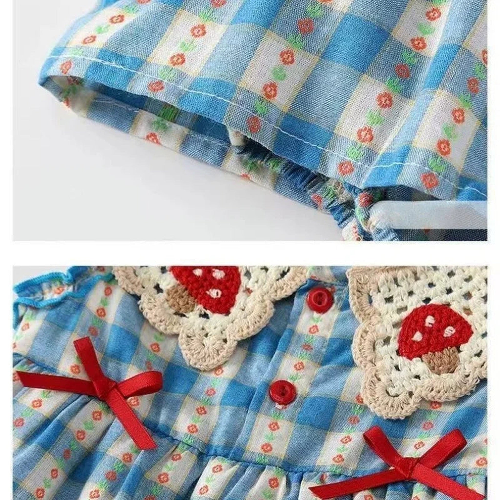 Hem detail on blue checkered romper
