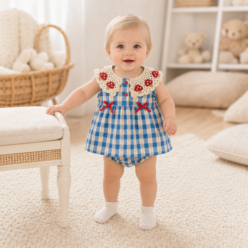 Gentle Nest model hero — Mushroom Collar Checkered Romper, Blue, worn by Clara (GN-B04)