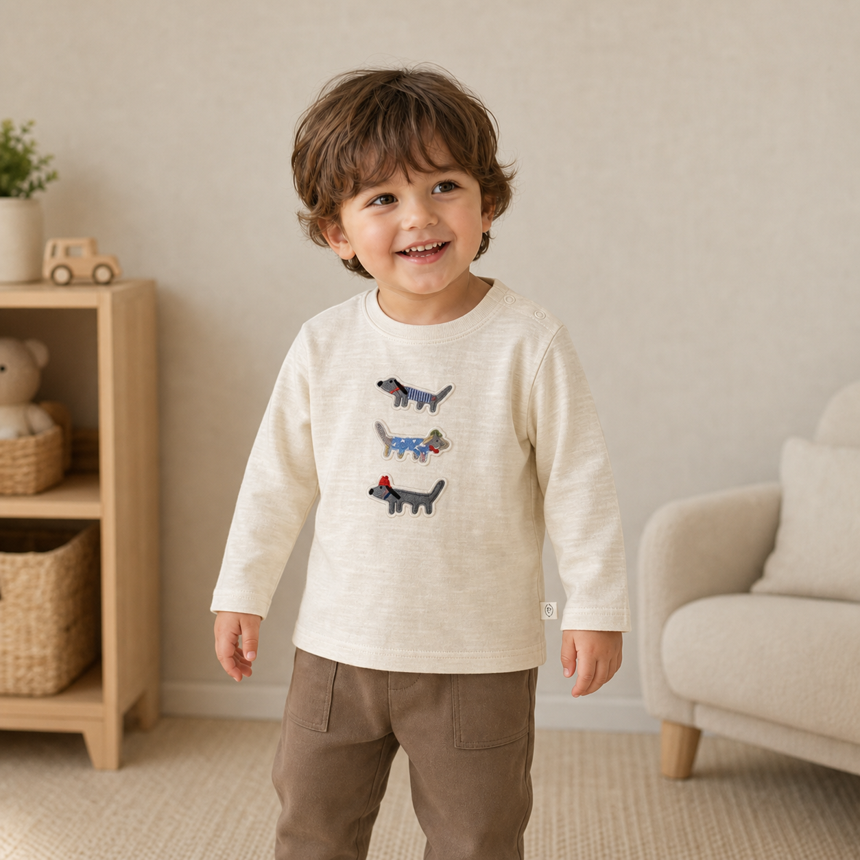 Gentle Nest model hero — Cartoon Embroidered Cotton Tee, Beige, worn by Luca (GN-T01)