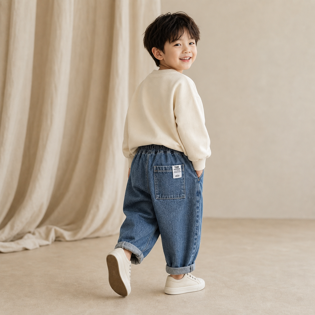Gentle Nest model hero — Loose Fit Denim Pants, Blue, worn by Ren (GN-C02)