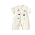 Embroidered dog short sleeve romper in beige