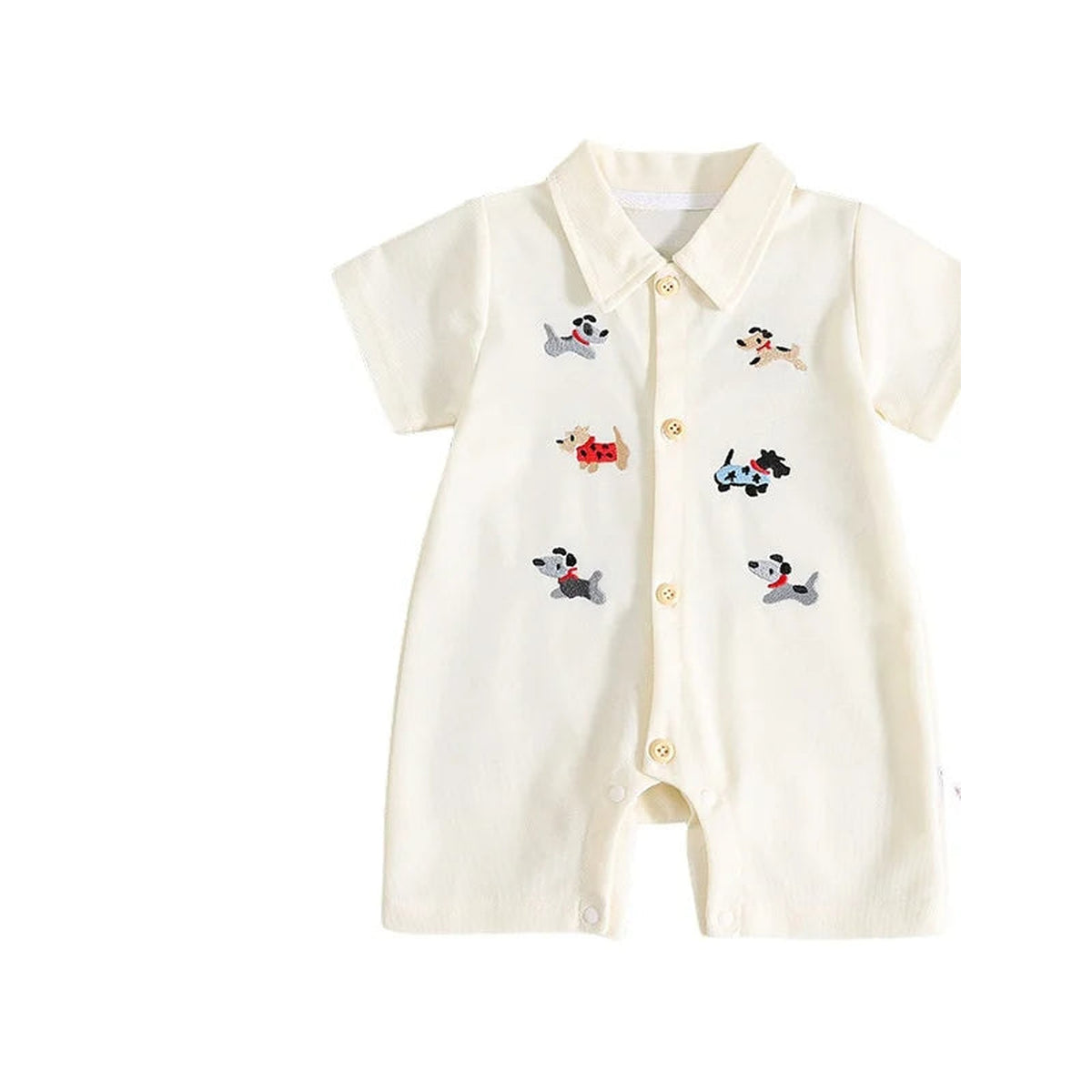Embroidered dog short sleeve romper in beige