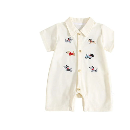 Embroidered dog short sleeve romper in beige