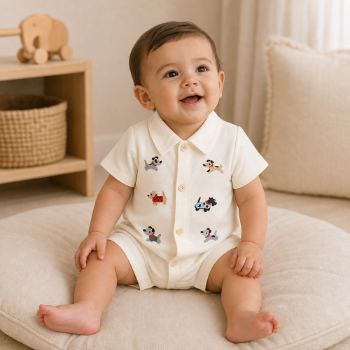 Gentle Nest model hero — Embroidered Dog Short Sleeve Romper, worn by Mira (GN-B01)