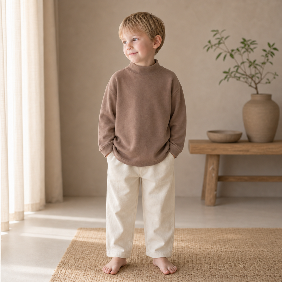 Gentle Nest model hero — Striped Half Neck Baby Top, Coffee, worn by Finn (GN-C05)
