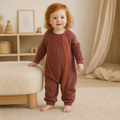 Gentle Nest model hero — Floral Waffle Romper, Wine Red, worn by Ruby (GN-T07)