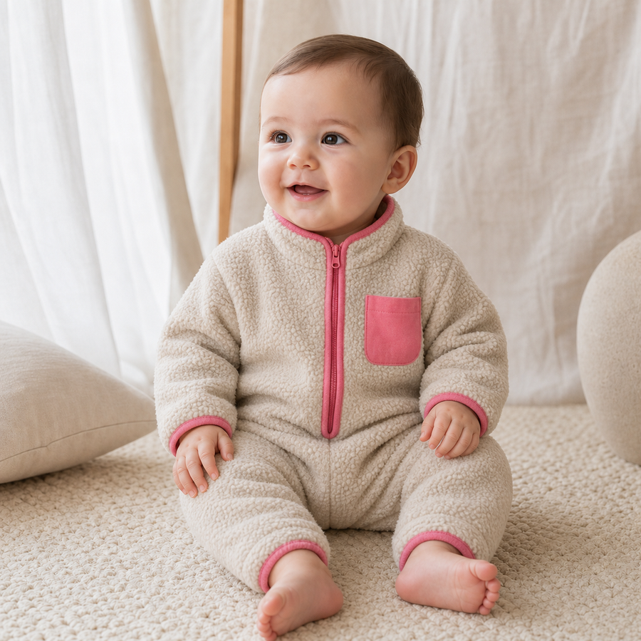 Gentle Nest model hero — Warm Lamb Fleece Patchwork Romper, Beige, worn by Eli (GN-B02)