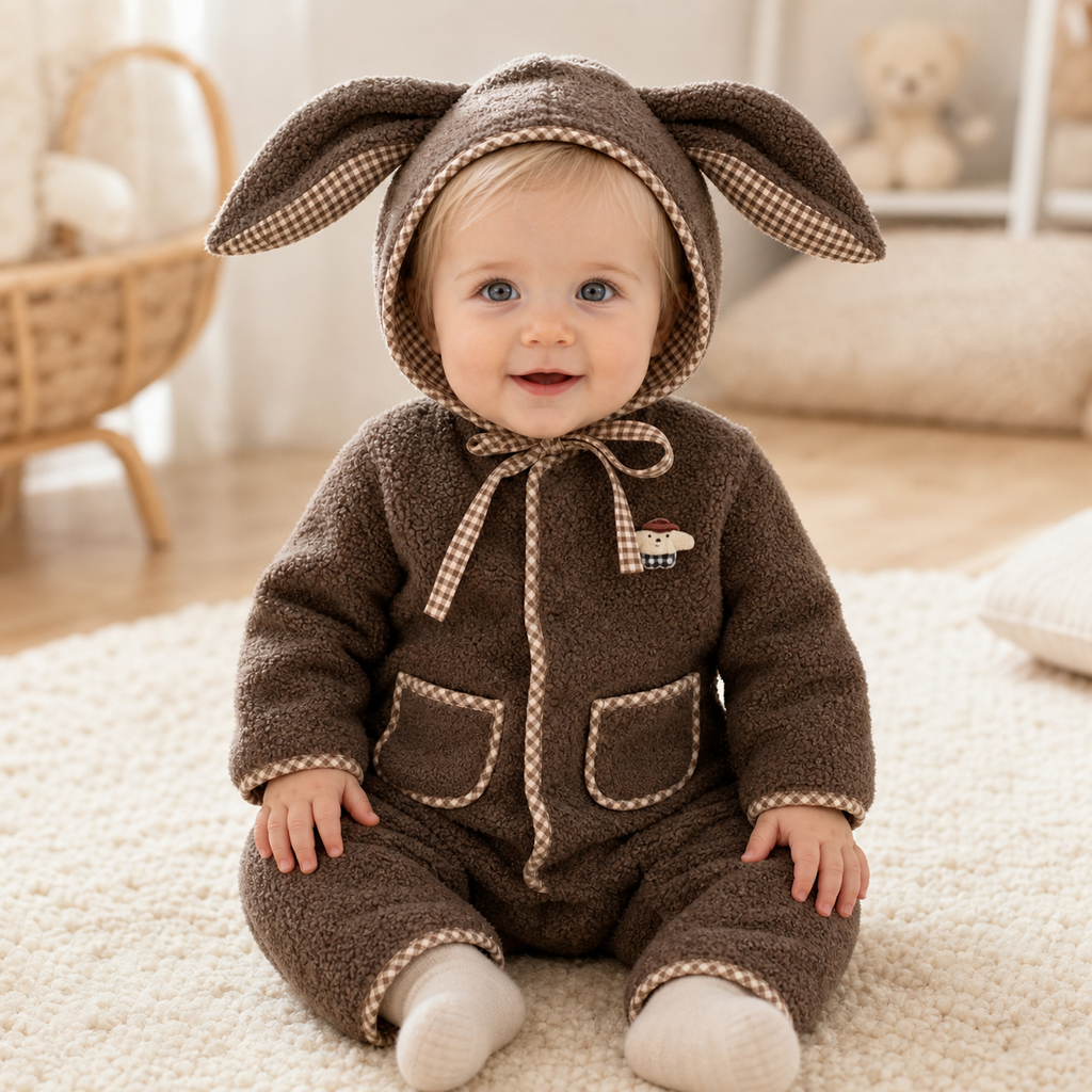 Gentle Nest model hero — Plaid Bunny Hat Romper, Coffee, worn by Clara (GN-B04)
