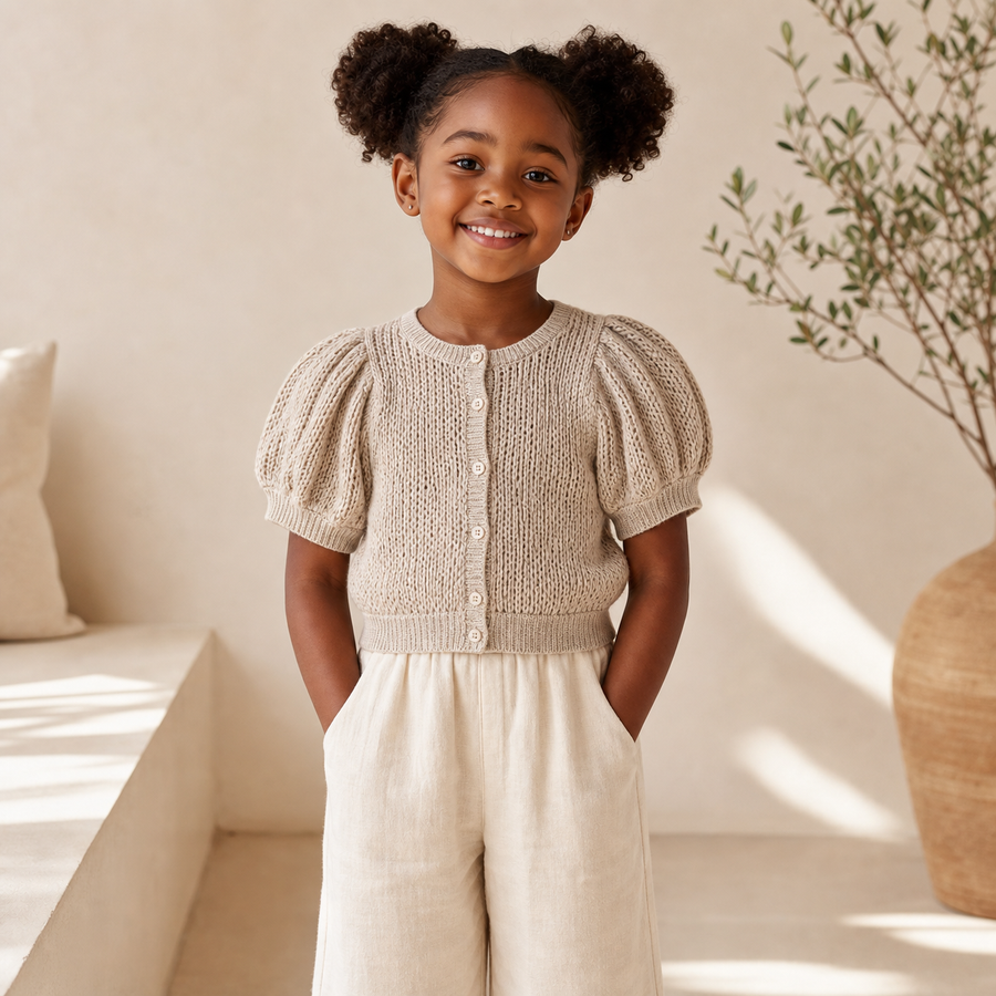 Gentle Nest model hero — Hollow Out Puff Sleeve Top, Beige, worn by Zuri (GN-C04)