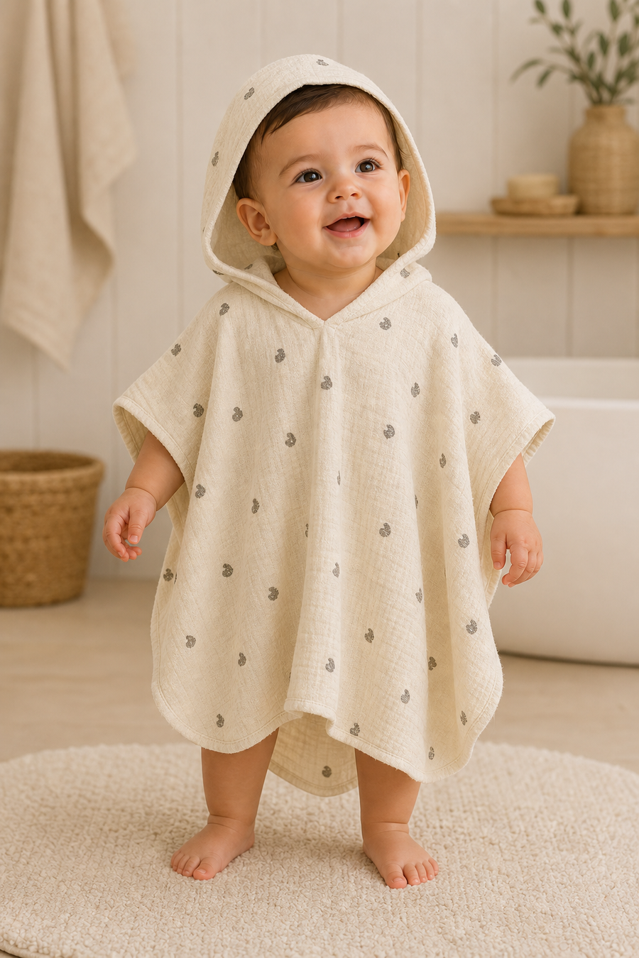 Gentle Nest model hero — Pure Cotton Hooded Baby Towel, worn by Mira (GN-B01)