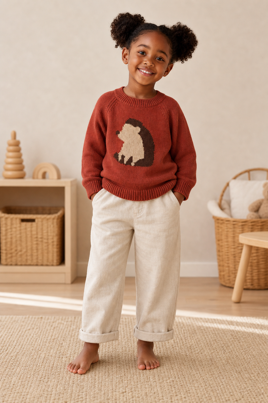 Gentle Nest model hero — Cartoon Print Long Sleeve Sweater, worn by Zuri (GN-C04)