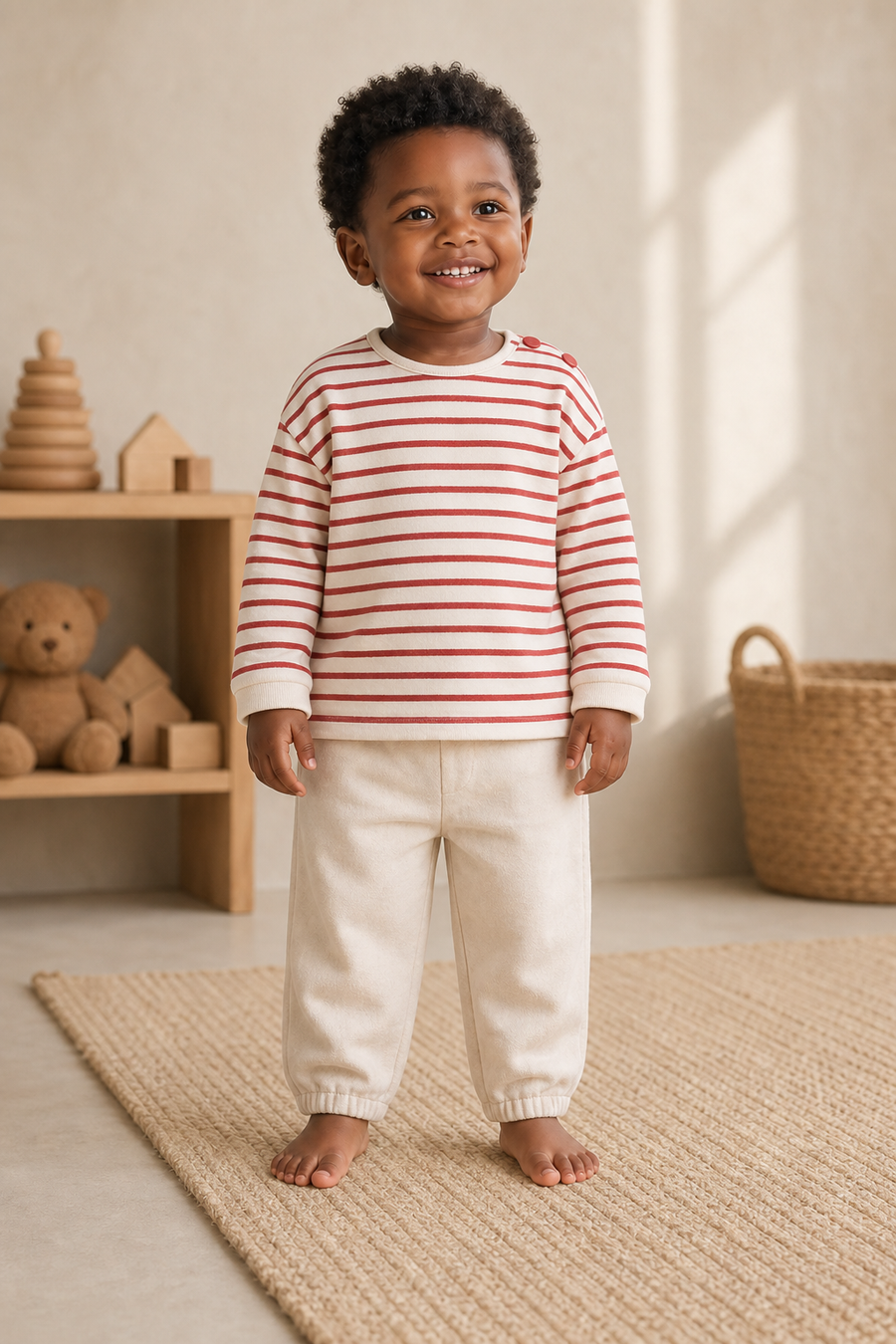 Gentle Nest model hero — Striped Cotton Long Sleeve Top, worn by Malik (GN-T06)