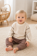 Gentle Nest model hero — Beige Waffle Knit Baby Set, Beige, worn by Clara (GN-B04)