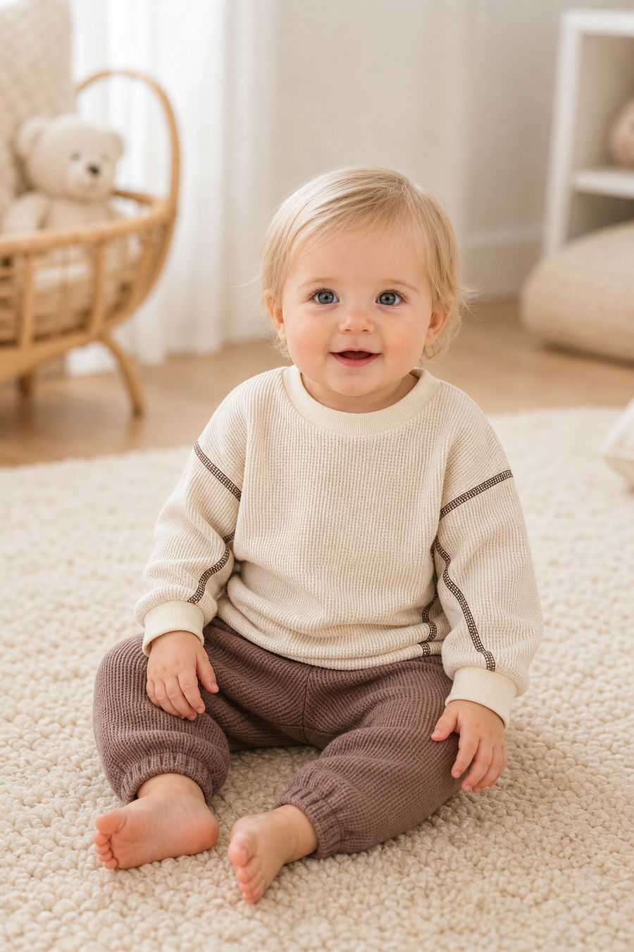 Gentle Nest model hero — Beige Waffle Knit Baby Set, Beige, worn by Clara (GN-B04)