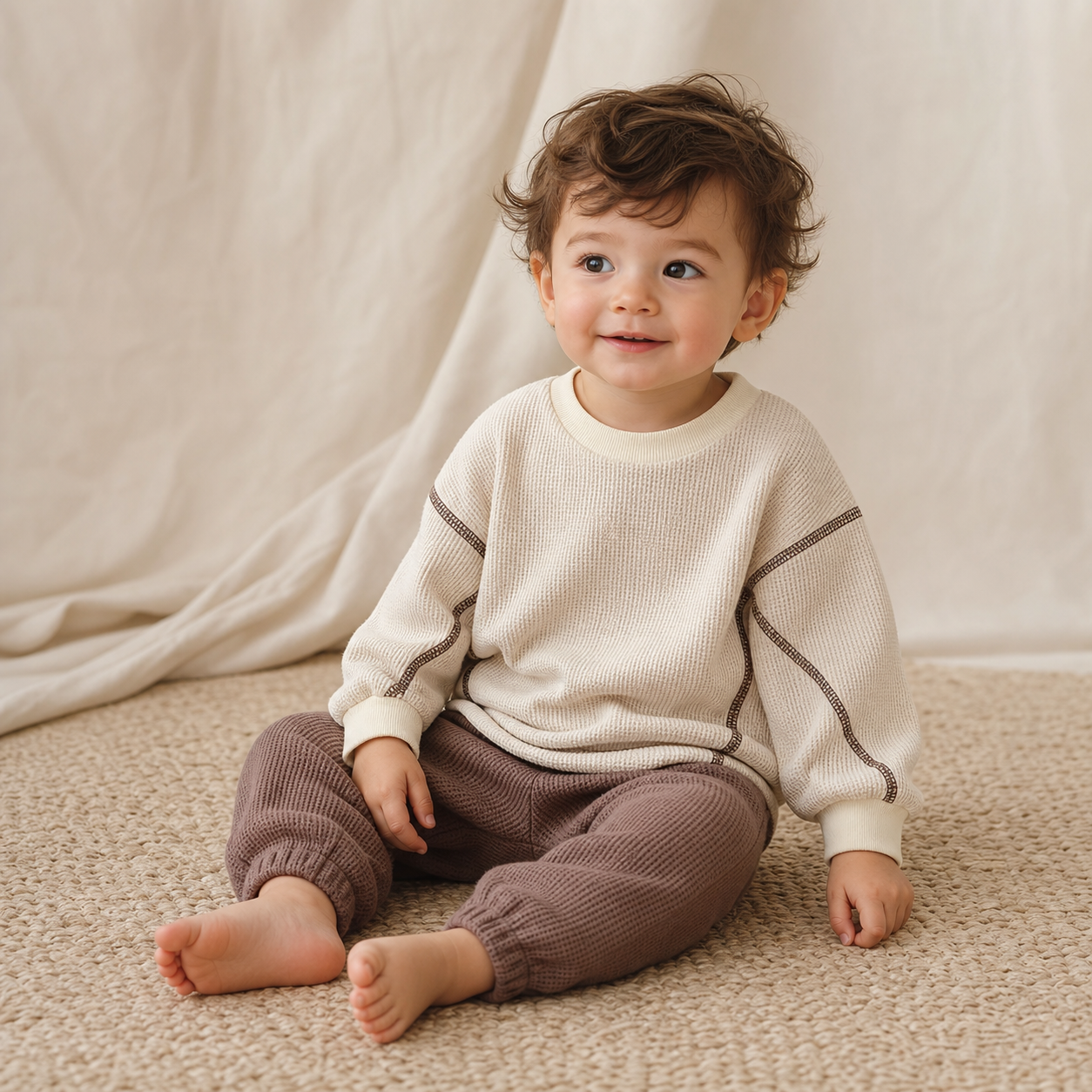 Toddler wearing the Beige Waffle Knit Baby Set
