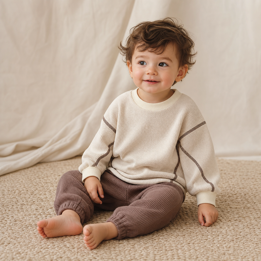 Toddler wearing the Beige Waffle Knit Baby Set