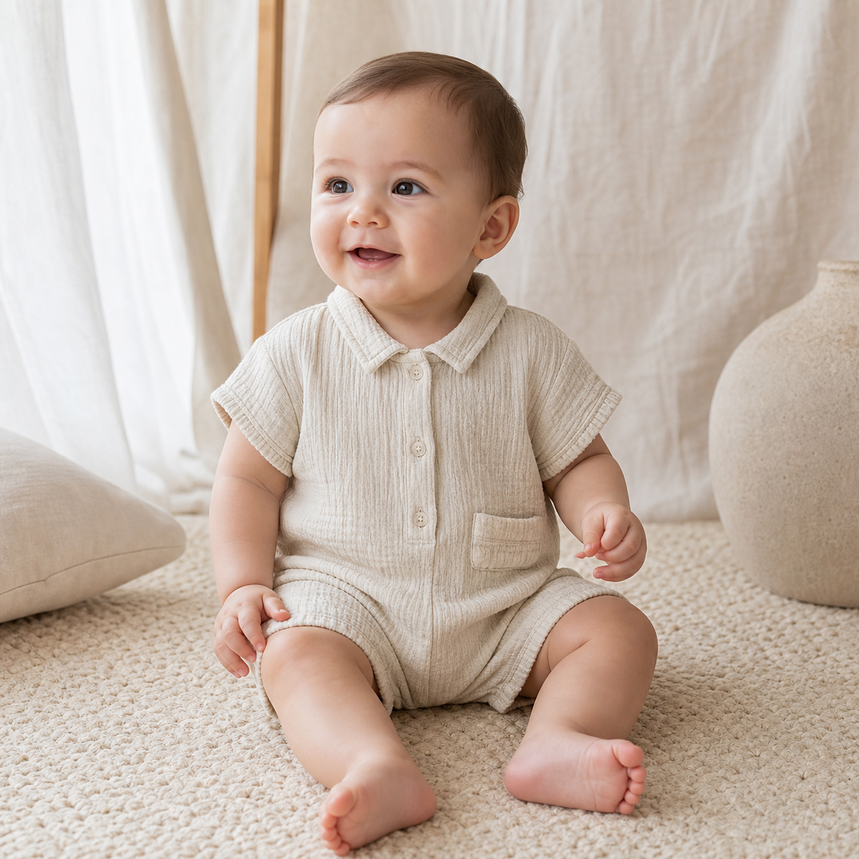 Baby wearing Short Sleeve Lapel Romper in Apricot
