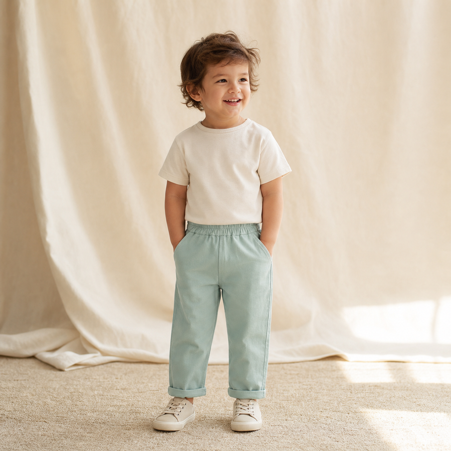 Child wearing Classic Straight Leg Pants in Green