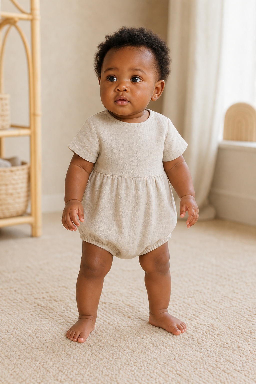 Gentle Nest model hero — Traditional Cotton Baby Romper, worn by Nia (GN-B03)