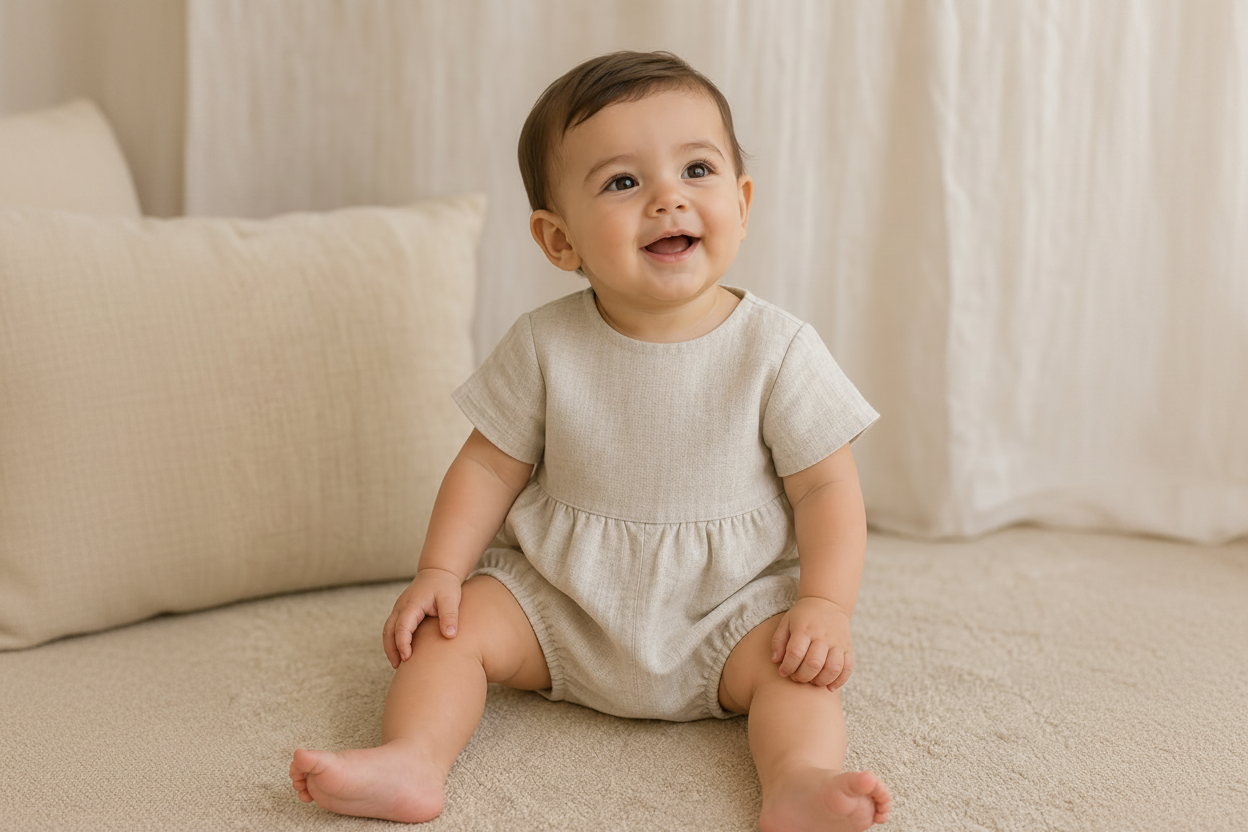 Baby wearing Traditional Cotton Baby Romper in Beige