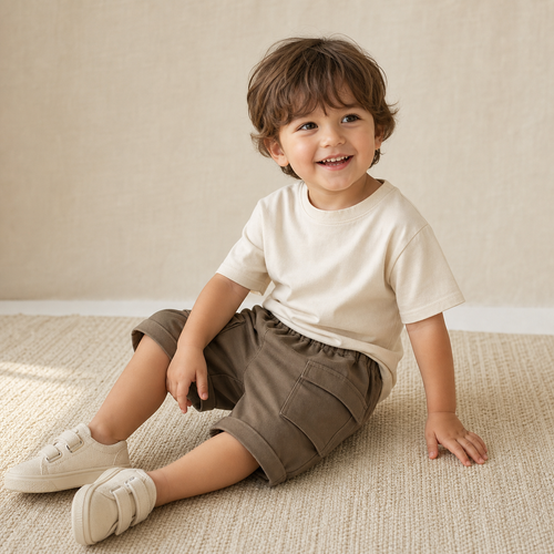 Child wearing Loose Cargo Pocket Pants in Brown