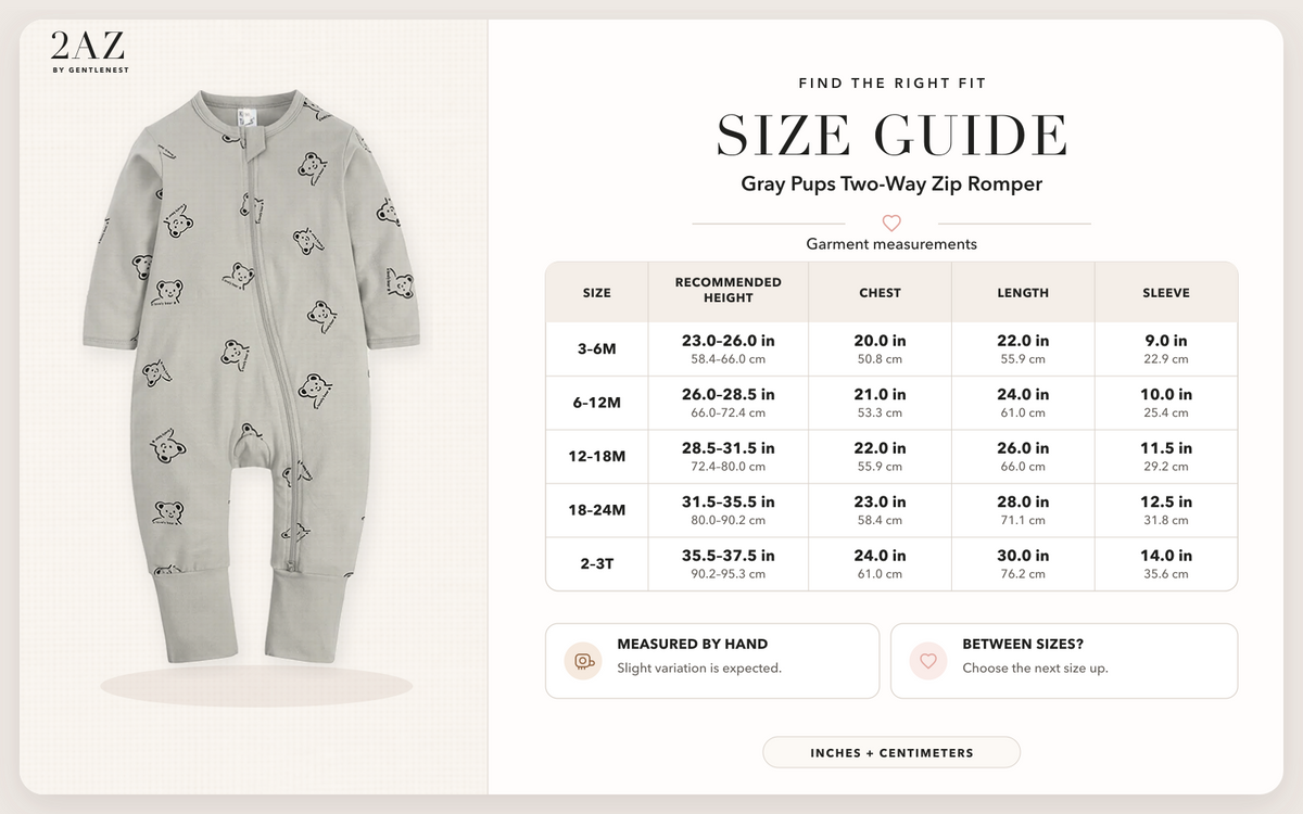 Product-specific size guide for Gray Pups Romper