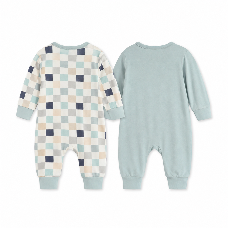 Seafoam Checker 2-Pack Rompers — Seafoam Checker — Back view — image 2