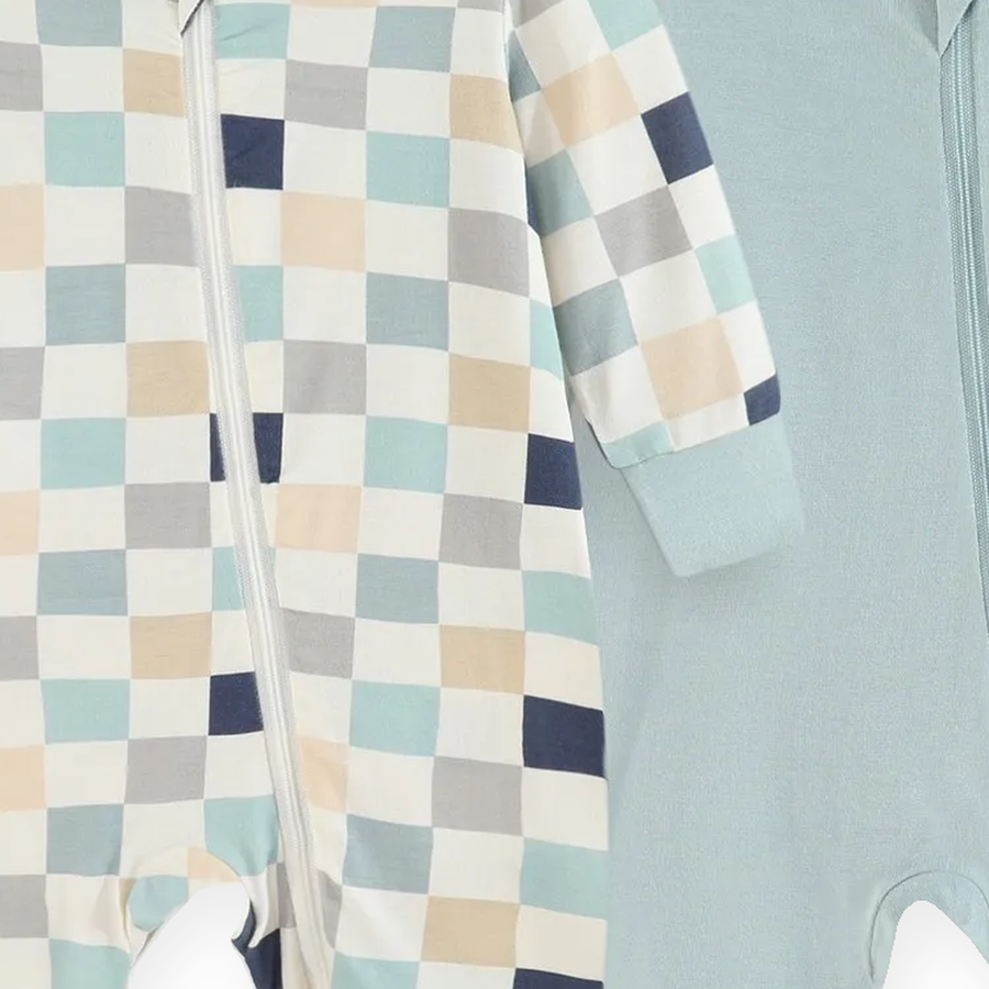 Seafoam Checker 2-Pack Rompers — Seafoam Checker — Cuff and foot detail — image 7